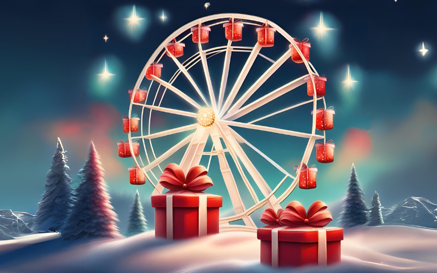 Riesenrad im Winter mit Geschenken statt Gondeln