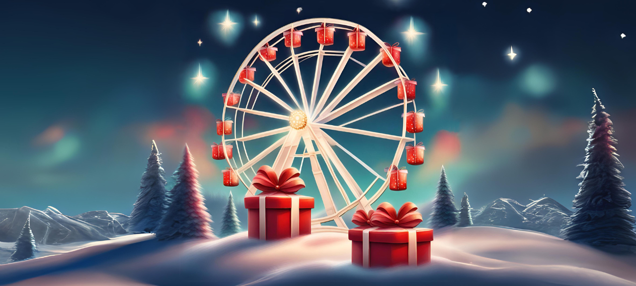Riesenrad im Winter mit Geschenken statt Gondeln
